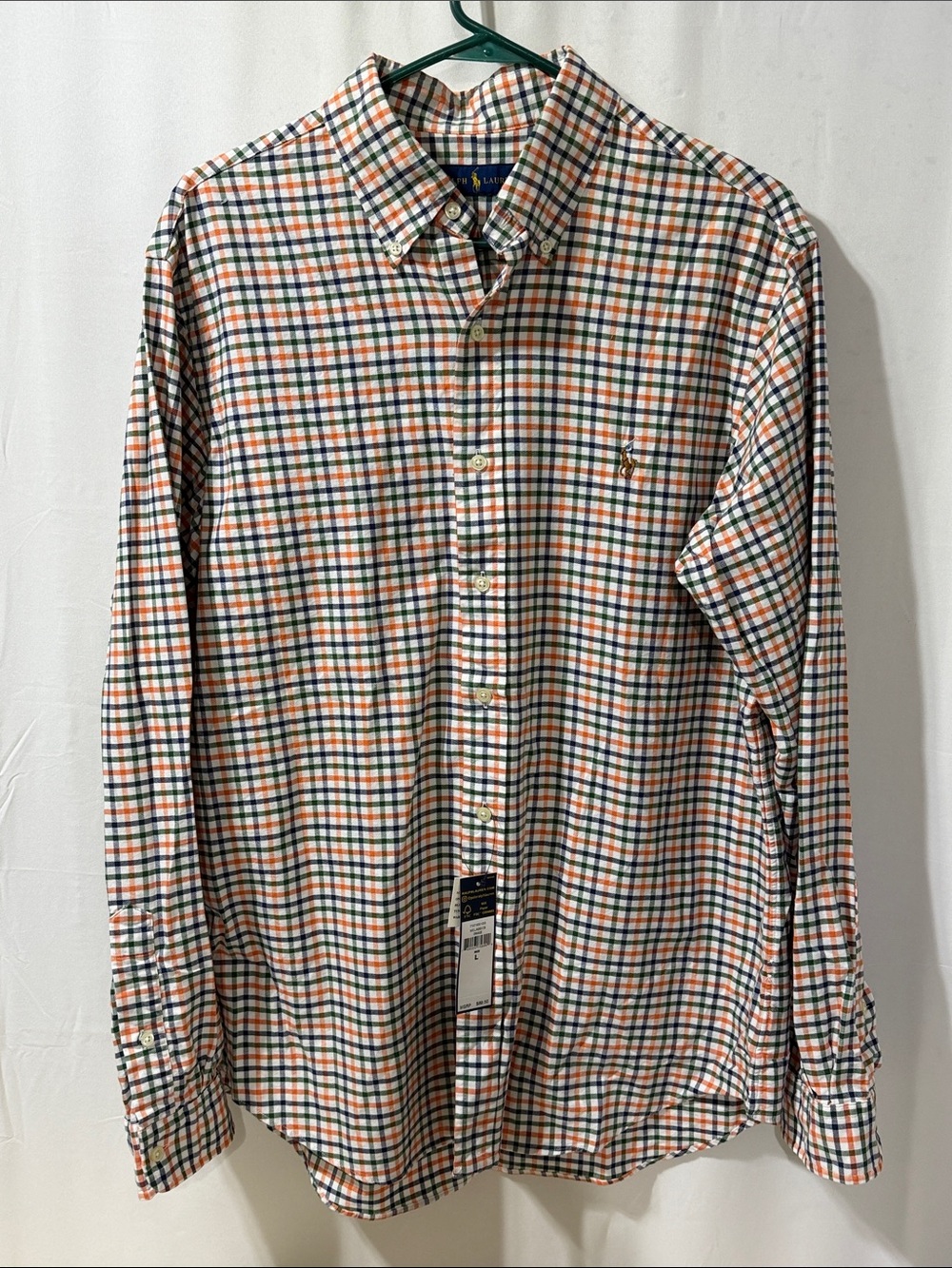 Ralph Lauren White Button-Down Shirt with Orange & Green Plaid
